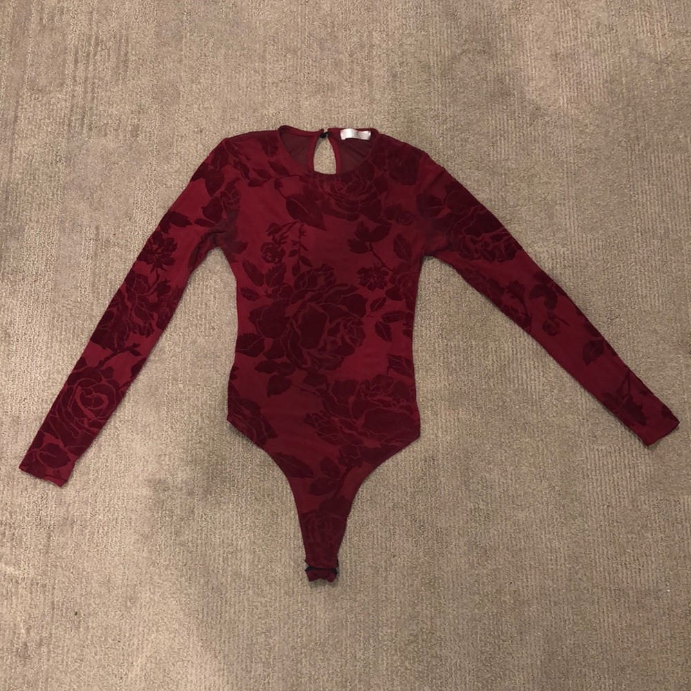 Maroon Sheer Floral Bodysuit with Thong Bottom
